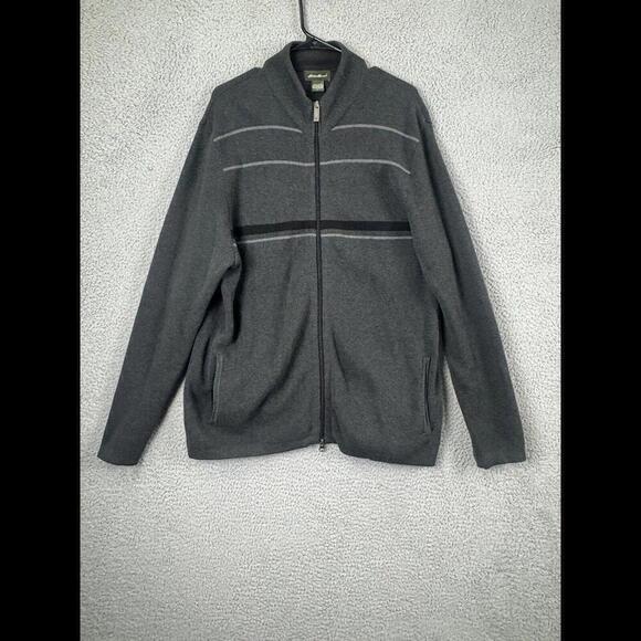 Eddie Bauer Sweater Mens Large Gray Full Zip Cardigan Knit Cotton Pockets - Picture 1 of 12